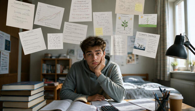 Tired student studying under academic pressure and exam stress, surrounded by floating notes representing information overload