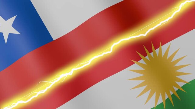 Two waving flags Chile and Kurdistan with diagonal lightning seamless, 4k loop
