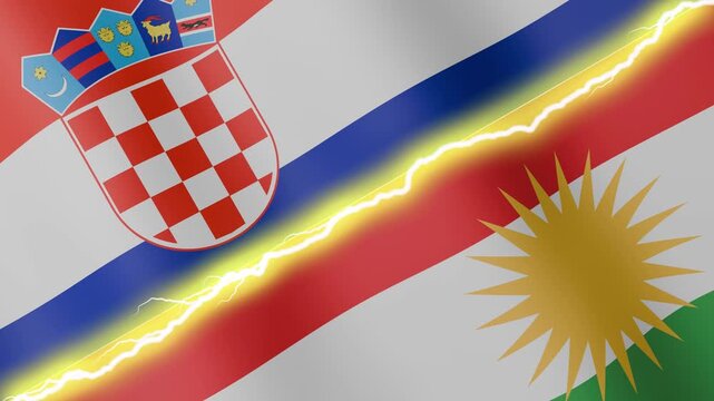 Two waving flags Croatia and Kurdistan with diagonal lightning seamless, 4k loop