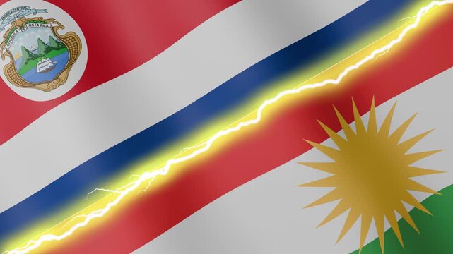Two waving flags Costa Rica and Kurdistan with diagonal lightning seamless, 4k loop