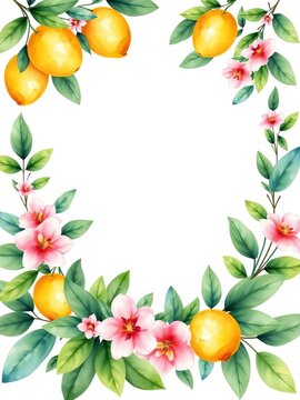 Watercolor floral wreath with lemons, leaves, and greenery, wreath, leaves
