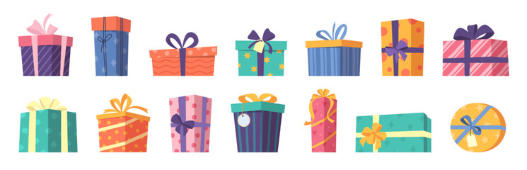 Colorful cartoon gift boxes with bows and wrapping paper, cute festive presents for birthday and holiday celebration, flat vector package isolated icons for Christmas, retail and greeting design © Ukio.stock
