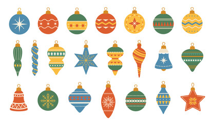 Christmas baubles ornaments with vintage retro geometric pattern, hanging balls, bells, star and snowflakes for winter holiday greeting card and wrapping, Christmas tree decoration. Vector set © Ukio.stock
