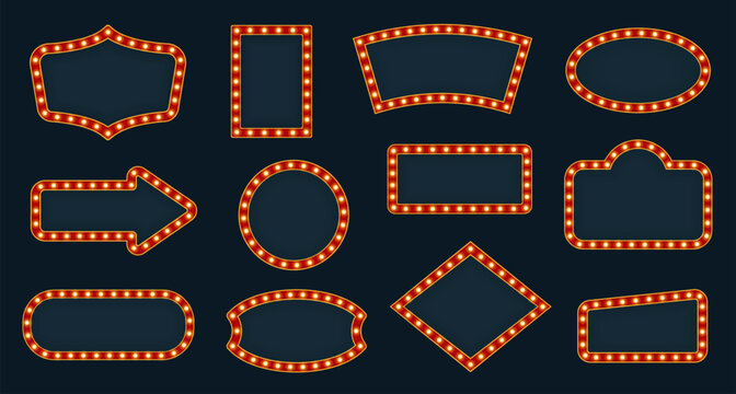 Retro marquee sign frames with glowing light bulbs, red and gold vintage theater borders on dark blue background, blank geometric signage templates for cinema, carnival, casino and event vector set