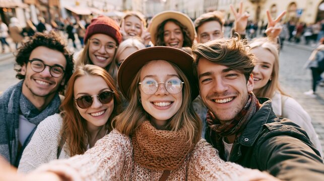 Friends Enjoy City Sightseeing and Capture a Happy Moment Together in a Vibrant Place Filled With Culture and Life