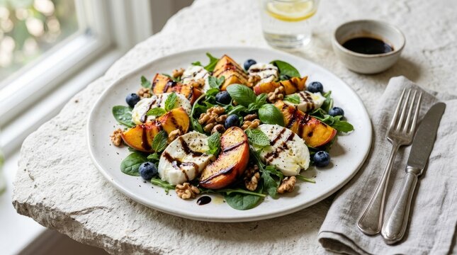 Fresh summer salad with grilled peaches, creamy cheese, blueberries, and walnuts, drizzled with balsamic glaze.
