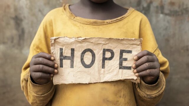 childs hands holding paper hope sign animation