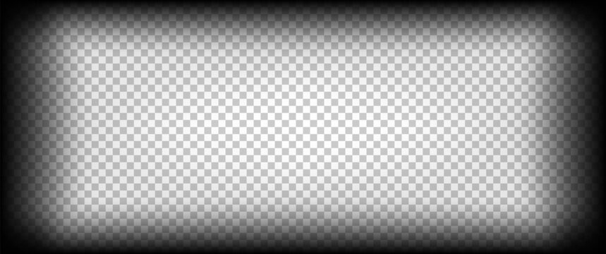 Transparent black vignette vector overlay with soft dark corners and edges on checkerboard background, radial gradient fade frame, light center, opacity mask template for mockup and design