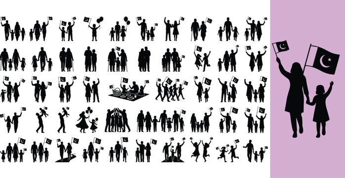 Silhouettes of families celebrating with flags and balloons. Festive scene of unity and joy.