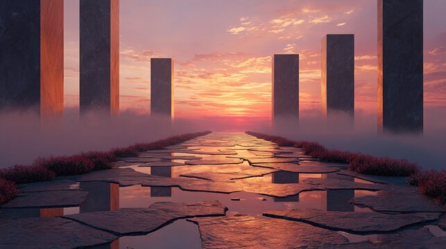 Stone path surrounded by monoliths under a sunset sky. Surreal landscape with reflective water and fog. Fantasy environment for meditation and spiritual journey concept design.