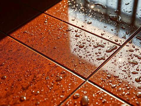 Shimmering droplets on wet tiles refract light, casting dramatic shadows, lighting, contrast