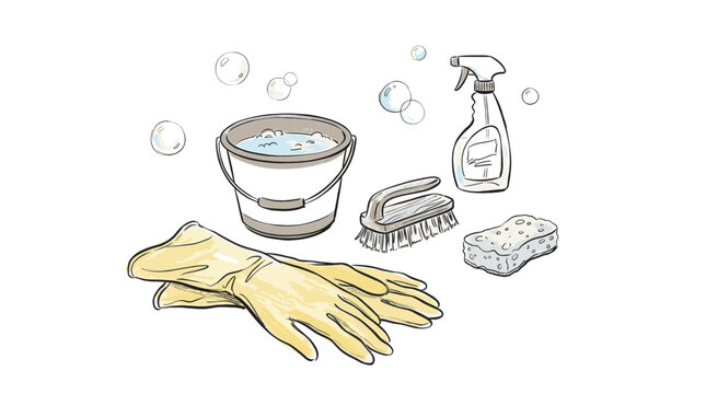 Various cleaning supplies including yellow rubber gloves, a bucket with soapy water, a scrub brush, and a spray bottle, all on a white background with bubbles