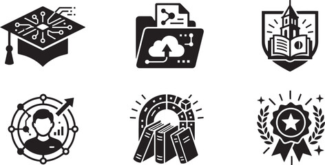 Professional Modern Digital Education Smart Tech Graduation Graduation Cap Microchip Cloud Data Folder University Emblem Personal Skill Growth Library Books and Award Ribbon Badge Glyph Icons Set for  © rofikgraph24