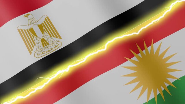Two waving flags Egypt and Kurdistan with diagonal lightning seamless, 4k loop