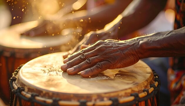 Close-up of Hands Playing African Djembe Drum in Golden Sunlight