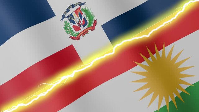 Two waving flags Dominican Republic and Kurdistan with diagonal lightning seamless, 4k loop