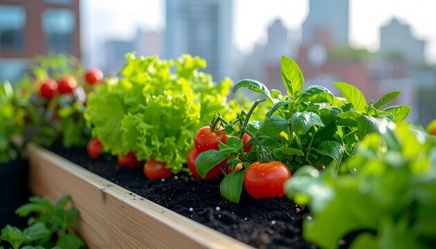 Fresh Tomatoes and Lettuce Growing in an Urban Rooftop Garden Box