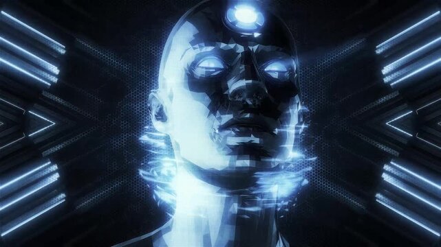 A looping background sequence of digital data style details featuring an AI avatar theme, depicting various concepts including false constructs, AI control and surveillance.
