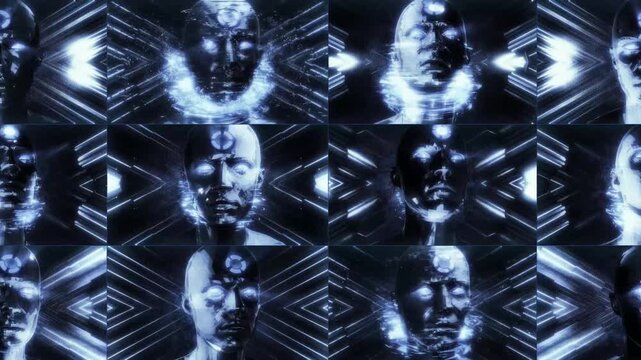 A looping background sequence of digital data style details featuring an AI avatar theme, depicting various concepts including false constructs, AI control and surveillance.