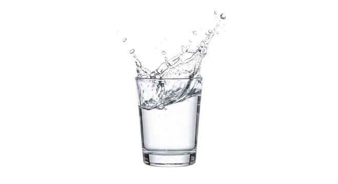Clear water splashing dynamically in a glass on a white background