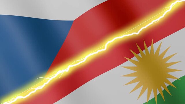 Two waving flags Czechia and Kurdistan with diagonal lightning seamless, 4k loop