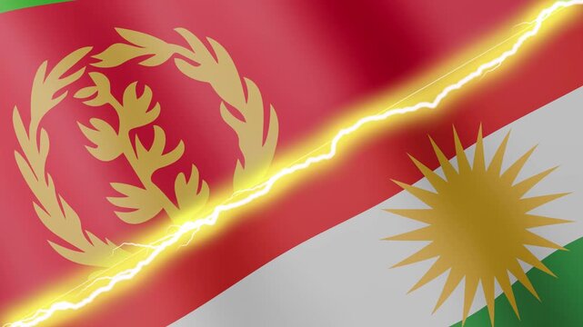 Two waving flags Eritrea and Kurdistan with diagonal lightning seamless, 4k loop