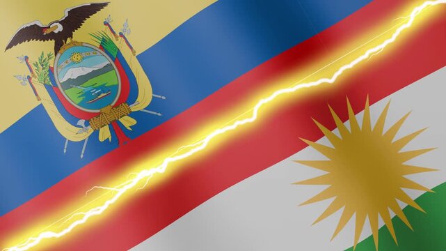Two waving flags Ecuador and Kurdistan with diagonal lightning seamless, 4k loop