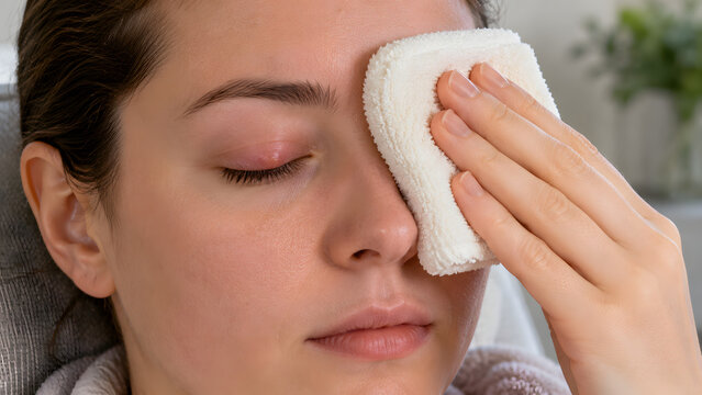 Woman Applying Warm Compress for Eye Care