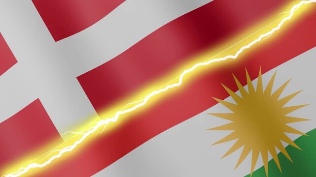Two waving flags Denmark and Kurdistan with diagonal lightning seamless, 4k loop