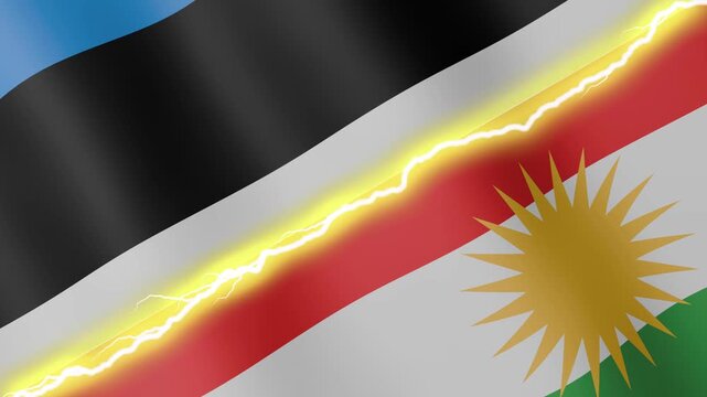 Two waving flags Estonia and Kurdistan with diagonal lightning seamless, 4k loop