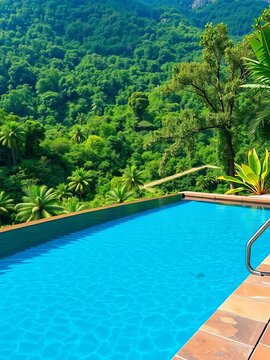 Infinity pool overlooking lush jungle landscape, serenity, escape