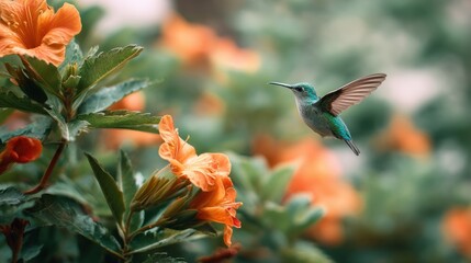 Fototapeta premium Green hummingbird flying near orange hibiscus flower. Small bird hovering in garden to feed on nectar. Wildlife nature photography showcasing ecosystem and avian biodiversity in spring.