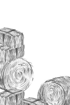 Pencil sketch vertical banner of stacked square and round hay bales with large copy space. Ideal for rustic farmhouse wall art, agricultural branding, and autumn harvest packaging designs.