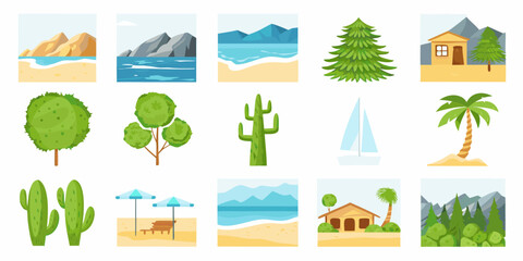 Coastal scenes and vegetation vector illustrations on white background © Uttam