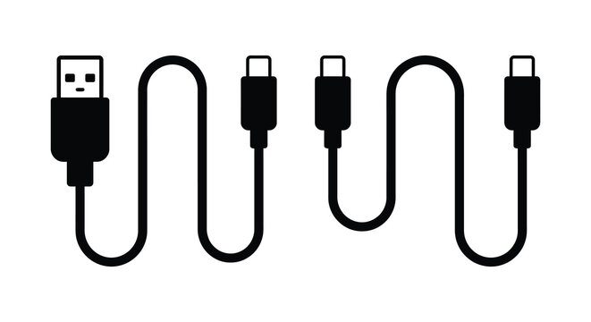 Assortment of usb and lightning cables depicted as a black silhouette against a white background cable data transfer connectivity electronics