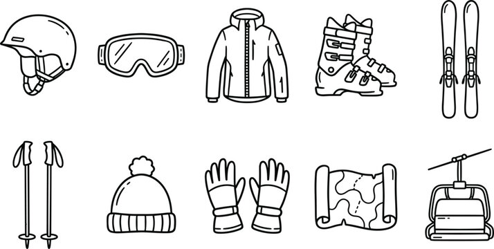Winter Ski and Snowboard Equipment Hand Drawn Icon Set featuring Helmet Goggles Jacket Boots Skis Poles Beanie Gloves Map and Chairlift for Resort Holiday Designs
