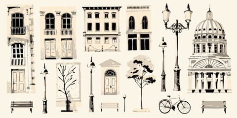 Vintage Architectural Elements Vector Illustration With Beige Background © Uttam