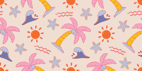 Fototapeta premium eamless Playful Summer Tropical Pattern with Palm Trees, Sun, Waves, and Starfish. Cute Hand-Drawn Vacation Beach Print for Fabric, Fashion, Wallpaper, Stationery Design, and Packaging