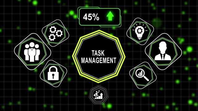 Task management digital interface with progress loading bar and business for corporate workflow optimization and project planning dashboard animation