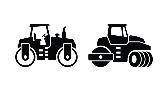 Two road roller silhouettes depicting construction machinery against a white background silhouette steamroller compactor vehicle heavy equipment black monochrome vector
