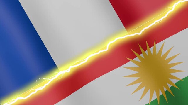 Two waving flags France and Kurdistan with diagonal lightning seamless, 4k loop
