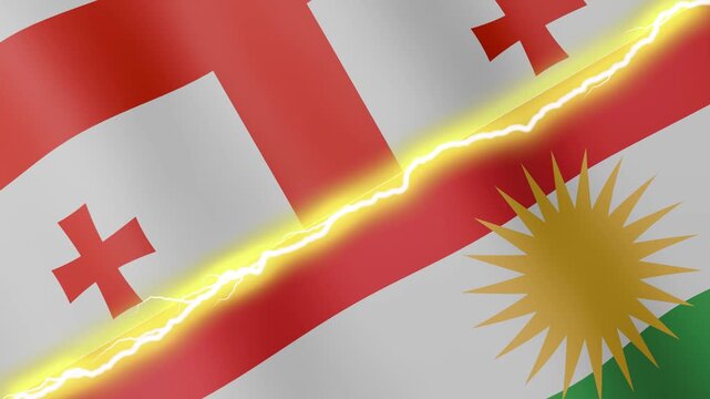 Two waving flags Georgia and Kurdistan with diagonal lightning seamless, 4k loop