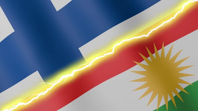 Two waving flags Finland and Kurdistan with diagonal lightning seamless, 4k loop