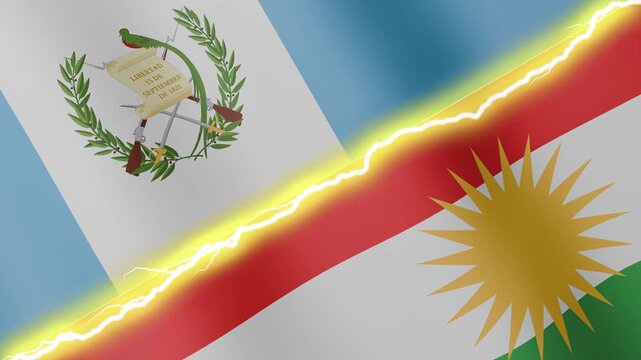 Two waving flags Guatemala and Kurdistan with diagonal lightning seamless, 4k loop
