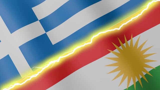 Two waving flags Greece and Kurdistan with diagonal lightning seamless, 4k loop