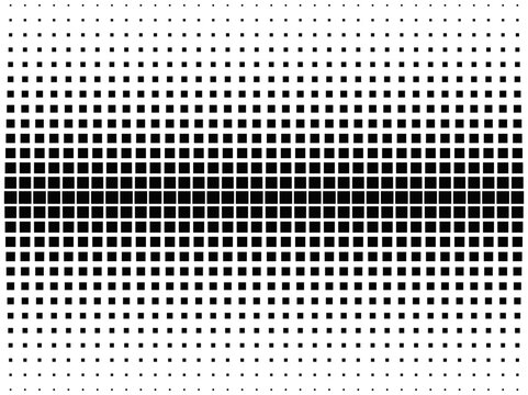 Pattern with repeated descreasing square shapes. Black quadrangular dots on white background with gradient effect. Geometric mosaic texture. Minimalistic checkered print. Vector graphic illustration