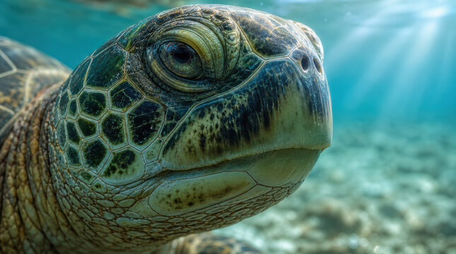 Green sea turtle face eye scale texture close up underwater marine reptile portrait close view of calm ocean wildlife with patterned shell, sunlit water, reef habitat, detailed skin