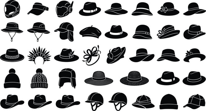 Large collection of black hat silhouettes and headwear accessories vector icons set for fashion design