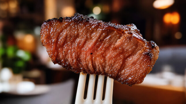 Plant based steak macro seared juicy fork white meat alternative vegan food texture grilled gourmet closeup with charred crust in restaurant setting