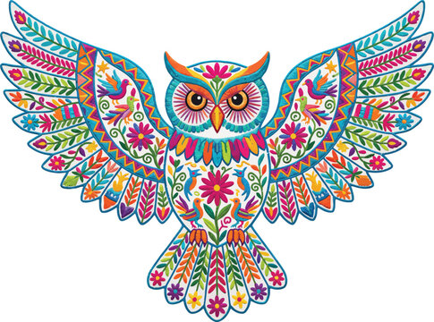 Mexican folk art owl illustration. Colorful floral embroidery style bird with spread wings.